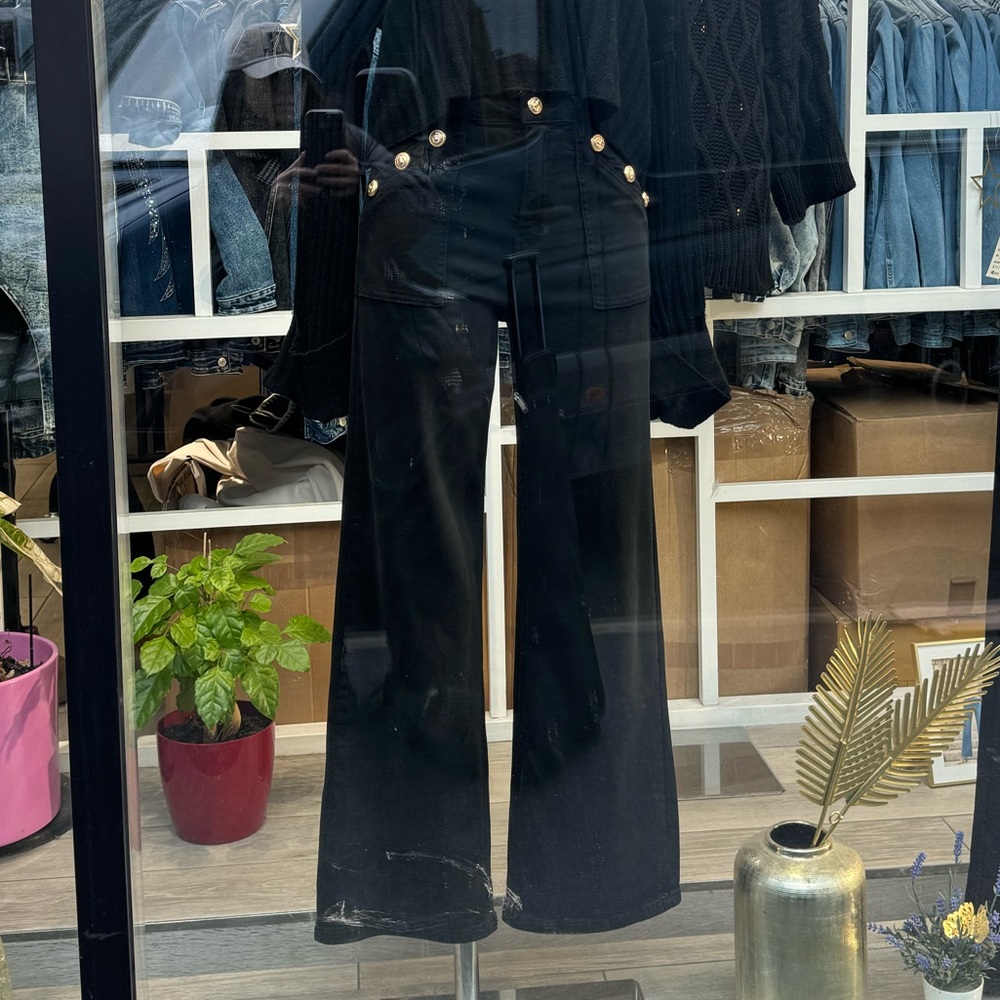 ShopEvelynne Black Wide Leg Jeans with Gold Buttons